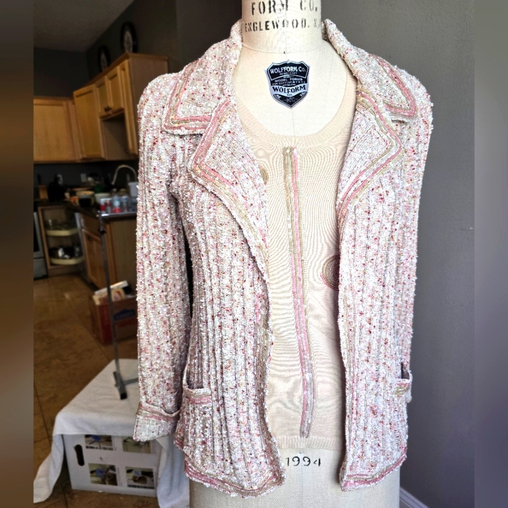 CHANEL cardigan ('06) with matching tank top, sequin accents, and Optional Belt